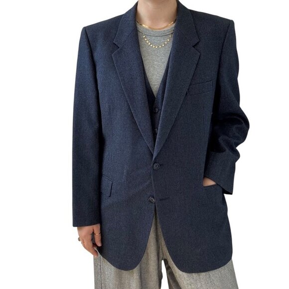 Vintage 1970s Yves Saint Laurent YSL Navy Blue Wool 3 Piece Blazer Suit Set 40R - Picture 6 of 13